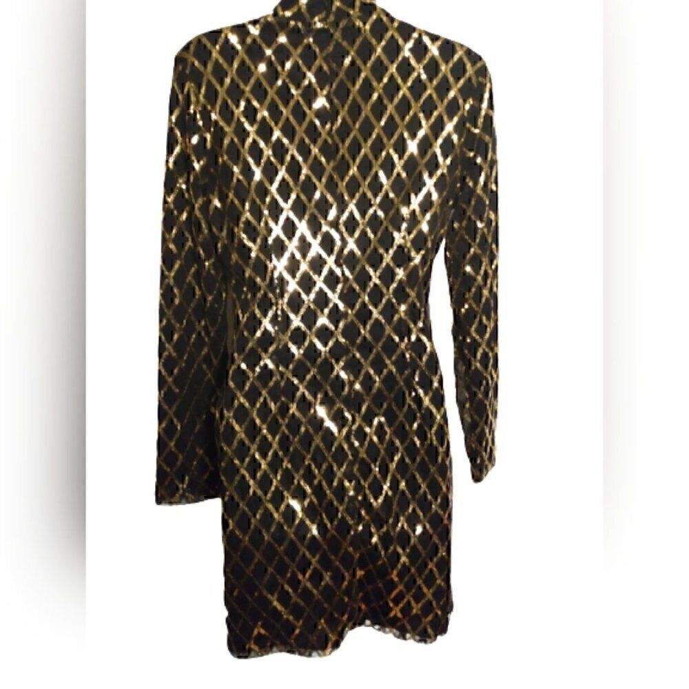 Black and Gold Mock Turtle Neck Bodycon Sequin Mesh Sheer Mini Dress L - Picture 4 of 11
